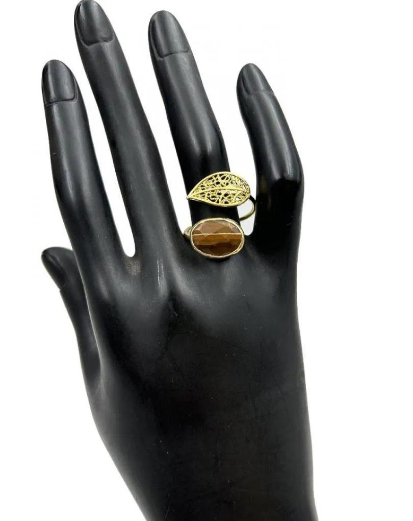 ANILLOS MUJER DORADOS AJUSTABLES CON PIEDRA LABRADORITA Y HOJA