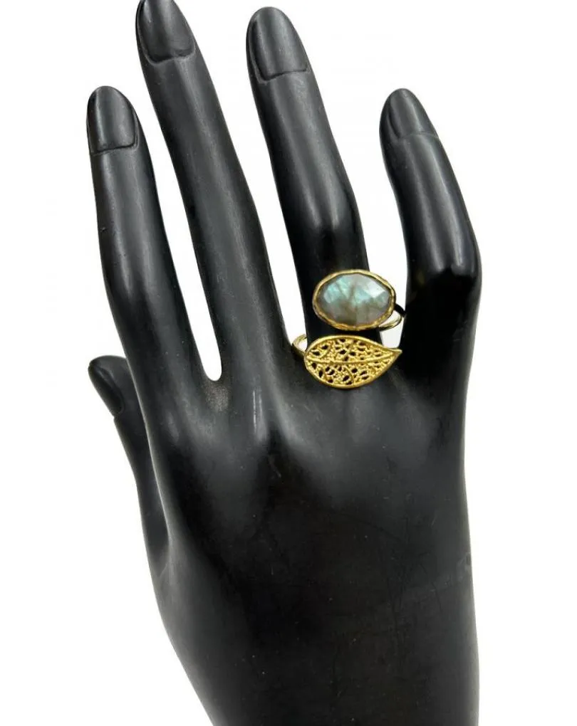ANILLOS MUJER DORADOS AJUSTABLES CON PIEDRA OJO DE TIGRE Y HOJA