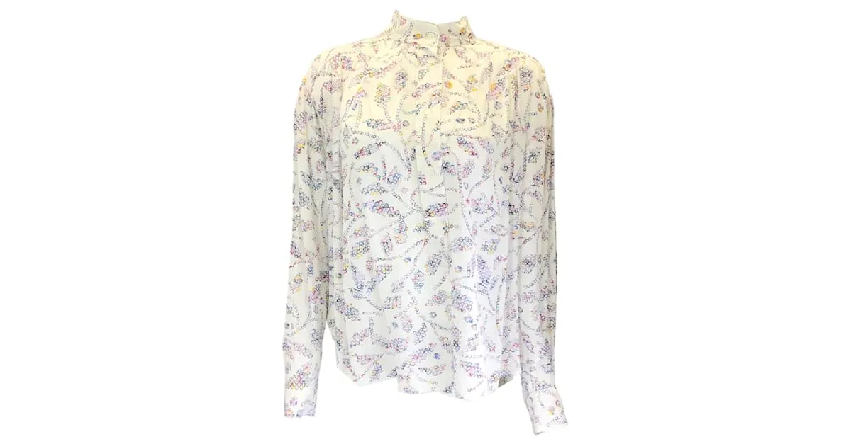 Autre Marque Isabel Marant Etoile Top blanco de crepé de manga larga con estampado Berangere multicolor en color crudo 
