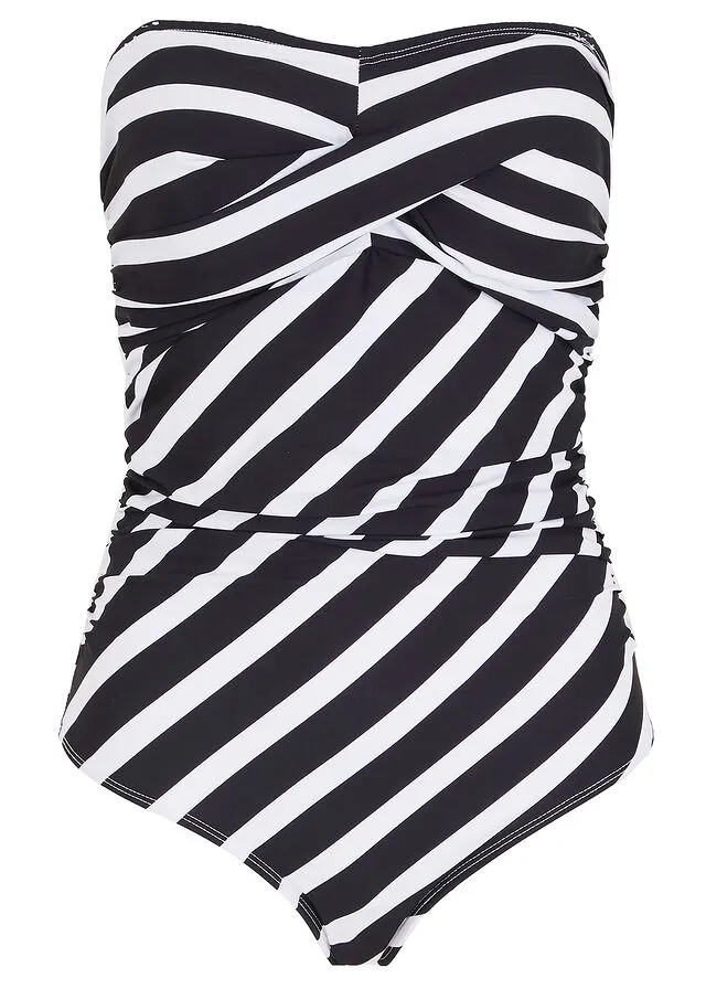 BAñADOR BANDEAU CON EFECTO MOLDEADOR MEDIO NEGRO  BLANCO RAYAS HORIZONTALES