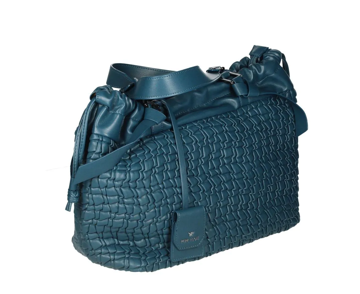 Bolso Acolchado Azul Petroleo Dos Asas Cierre Ajustable