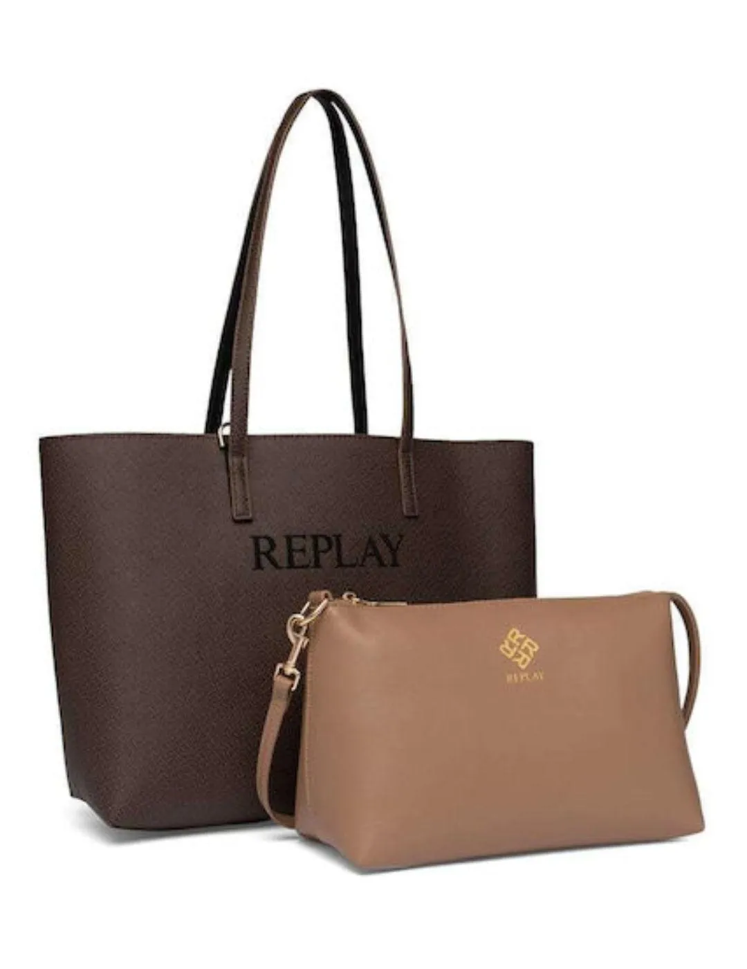 Bolso tote Replay marrón oscuro reversible con asas de mujer