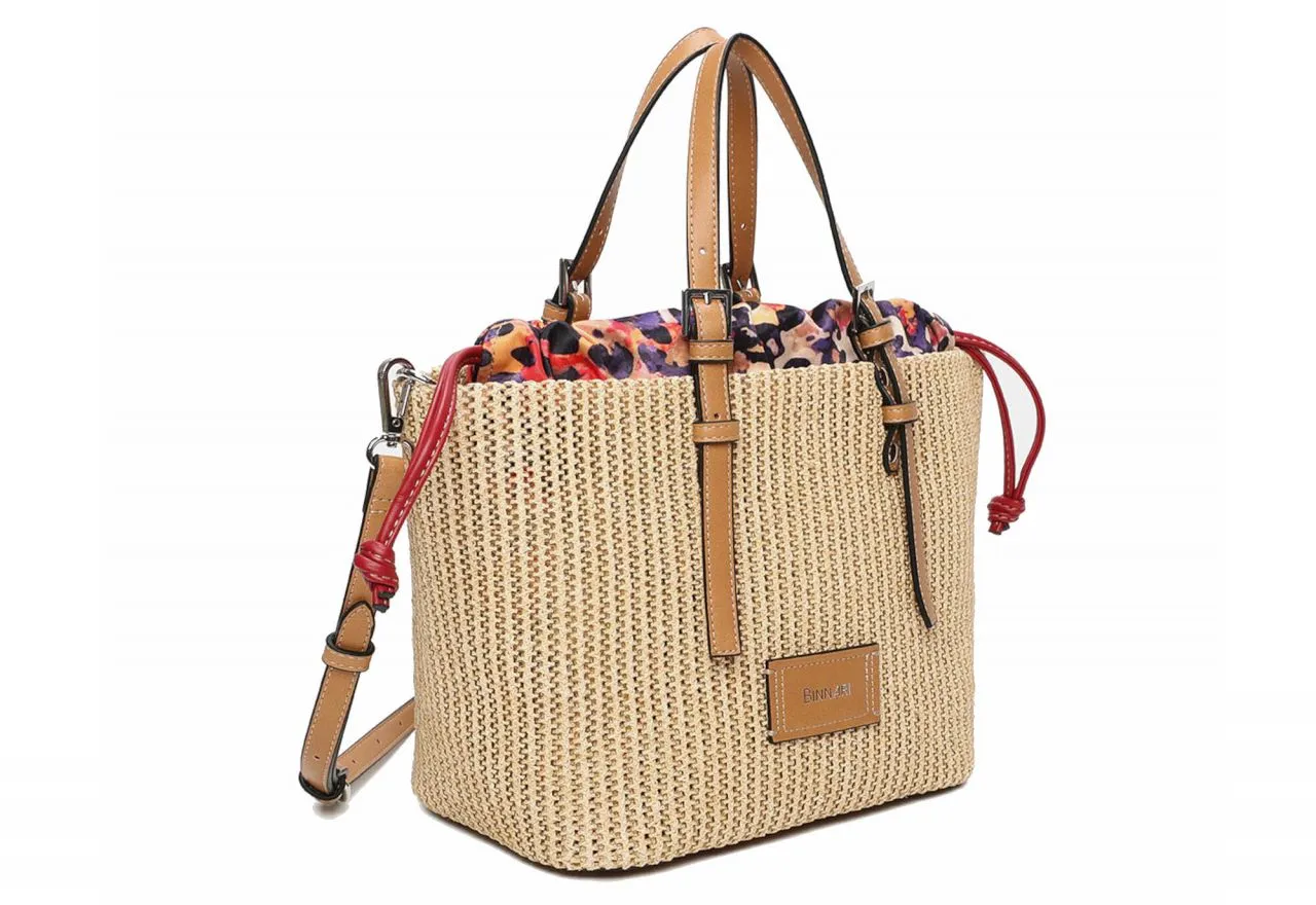 Bolso Trenzado Natural Saquito Estampado Cordones Ajustables