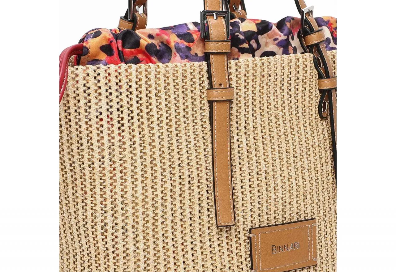 Bolso Trenzado Natural Saquito Estampado Cordones Ajustables