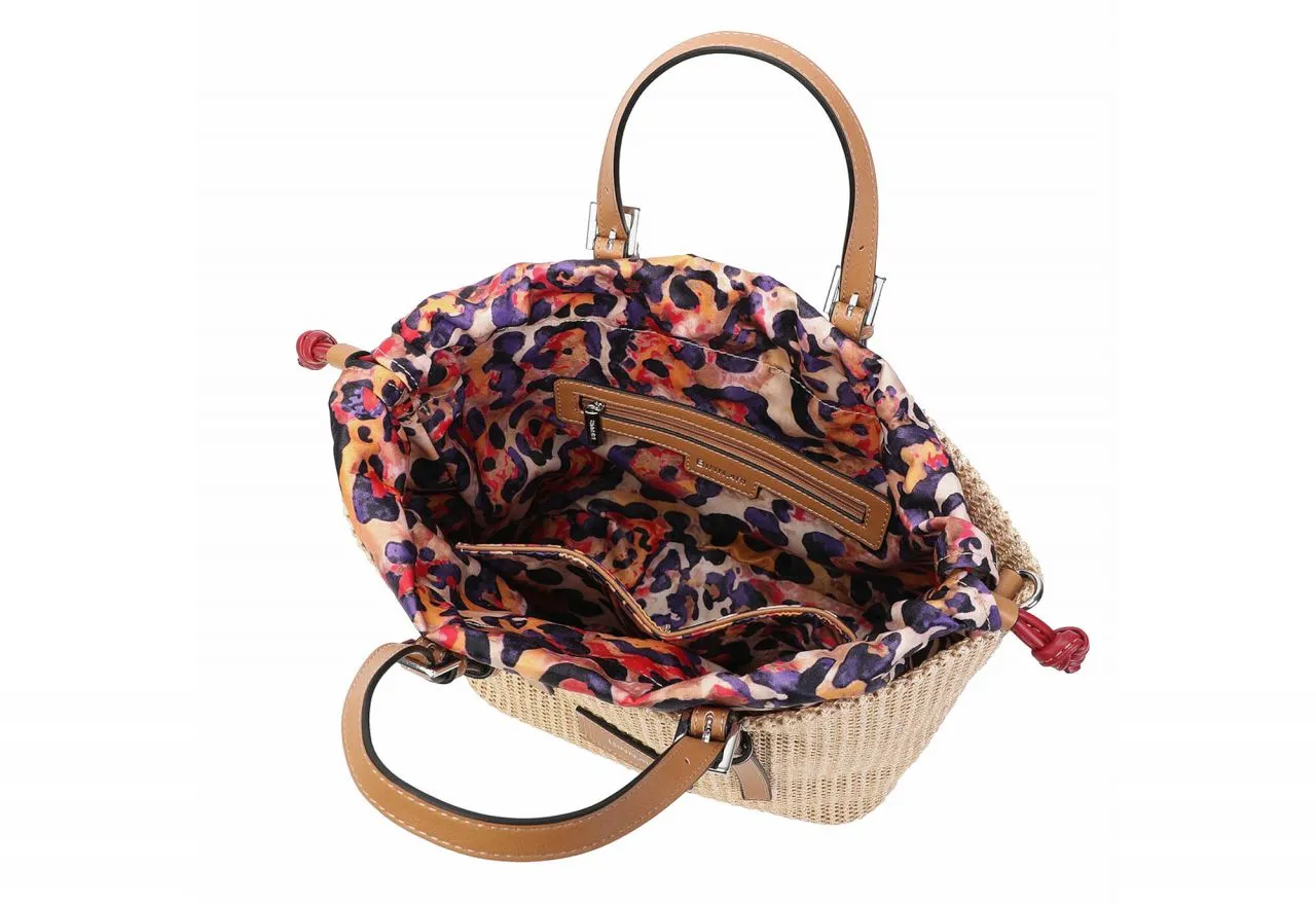 Bolso Trenzado Natural Saquito Estampado Cordones Ajustables