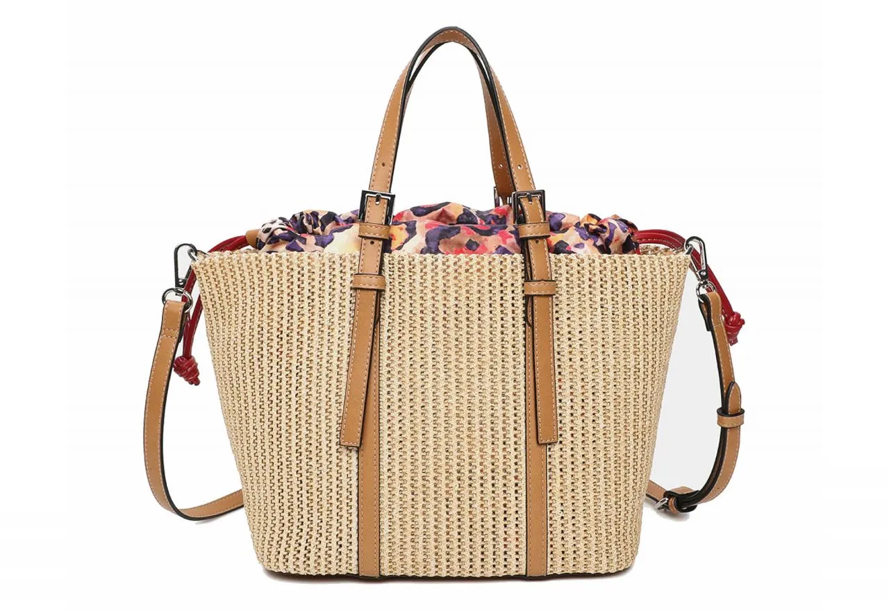 Bolso Trenzado Natural Saquito Estampado Cordones Ajustables