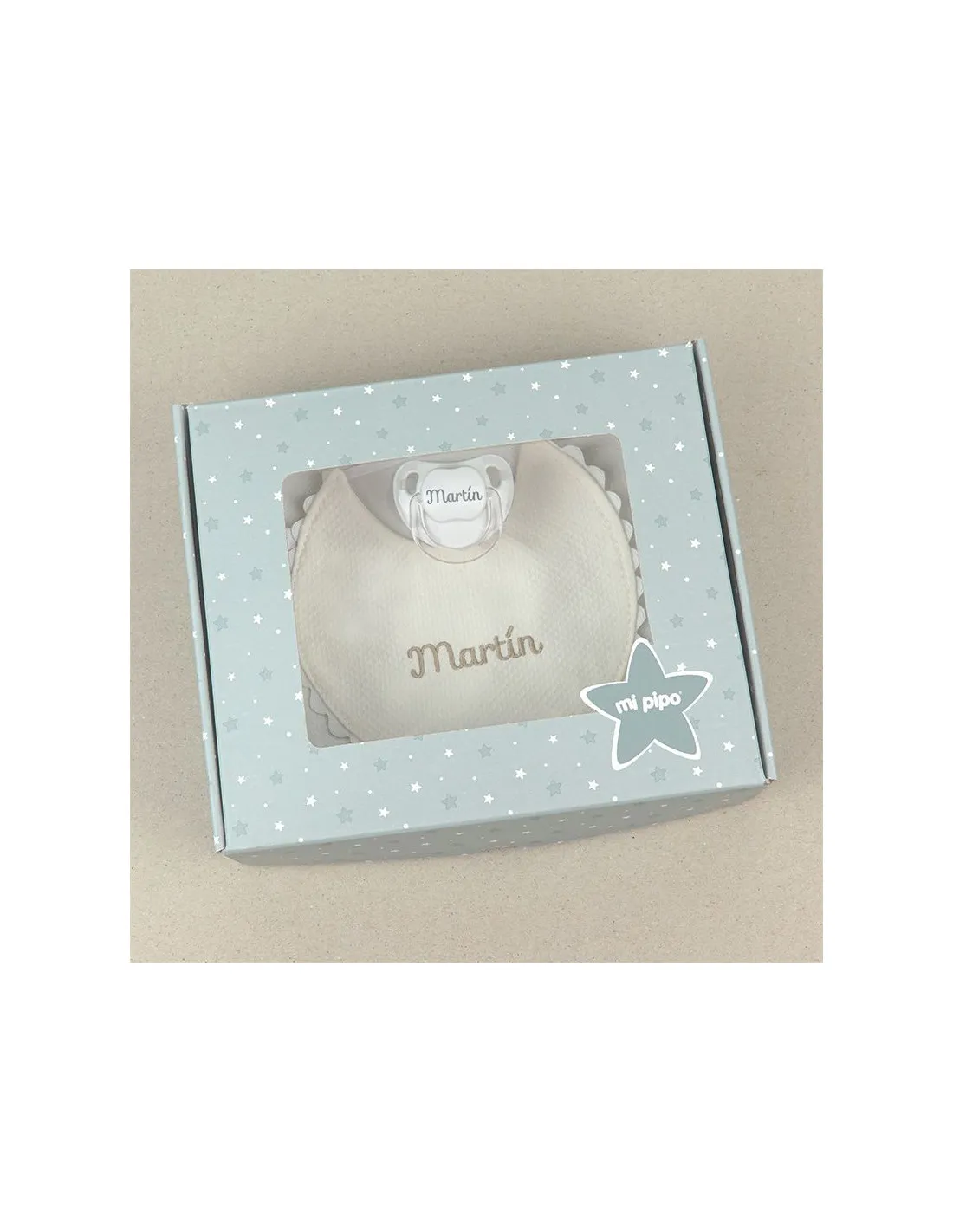 Cajita Baby babero beige personalizada de Mi Pipo