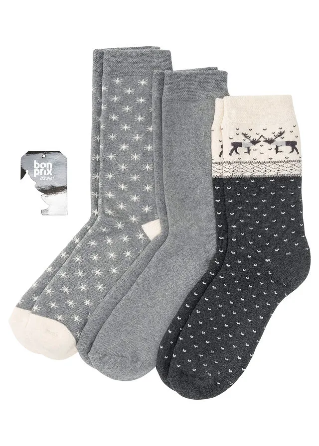 Calcetines térmicos (3 unidades) con algodón orgánico y etiqueta para regalo Gris jaspeado