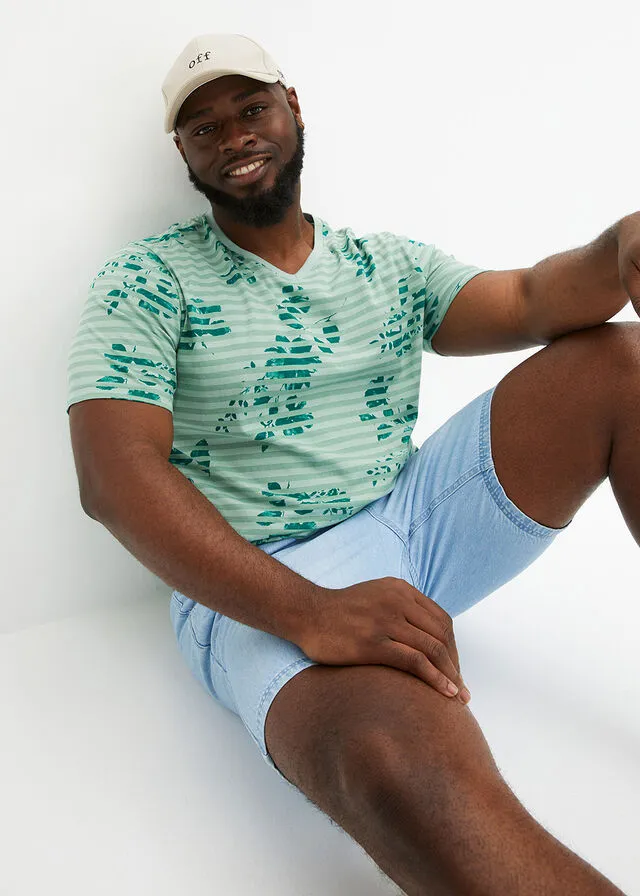 Camiseta con escote en V Verde de rayas horizontales