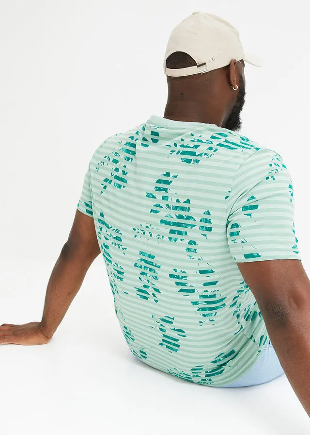 Camiseta con escote en V Verde de rayas horizontales