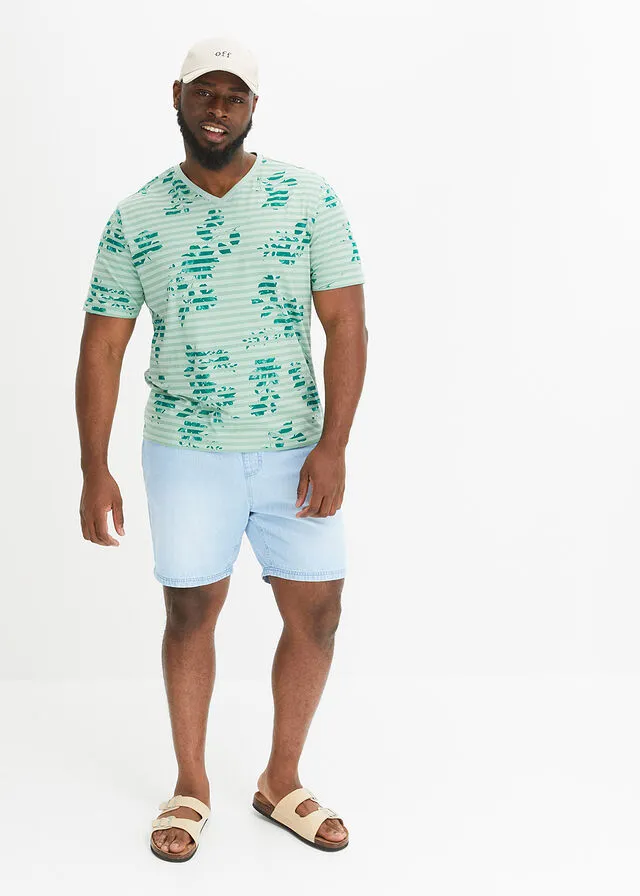 Camiseta con escote en V Verde de rayas horizontales