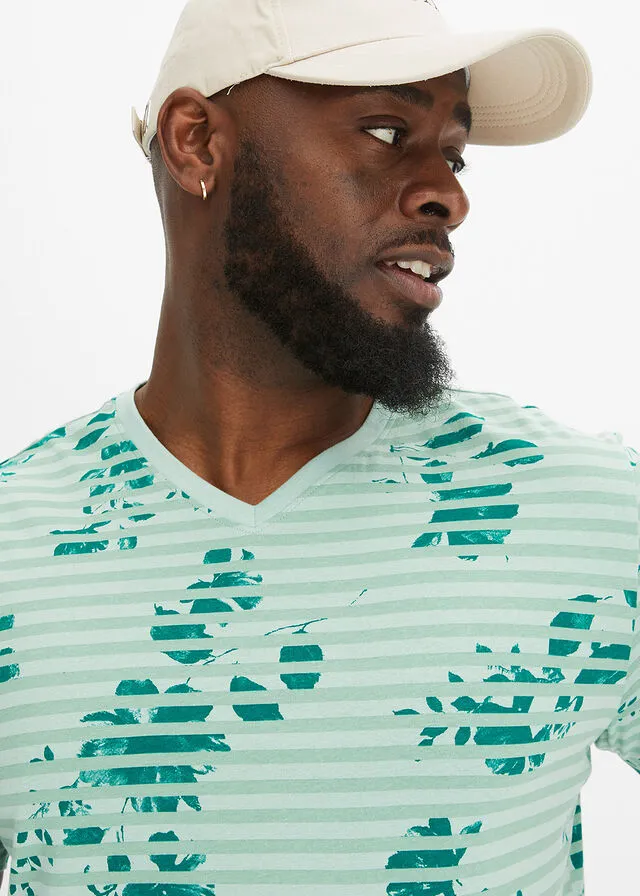Camiseta con escote en V Verde de rayas horizontales