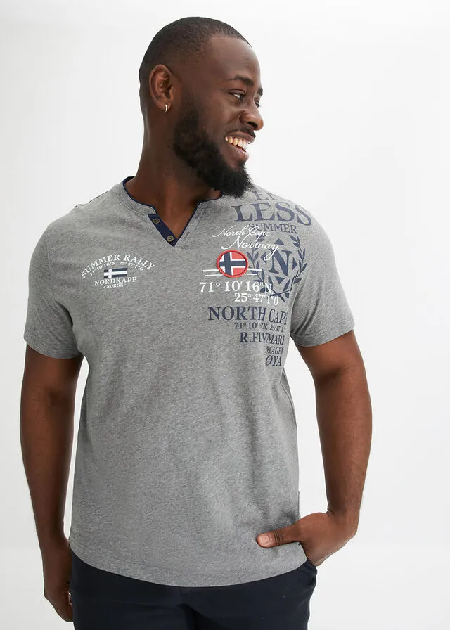 Camiseta de manga corta con cuello henley y estampado Gris jaspeado estampado