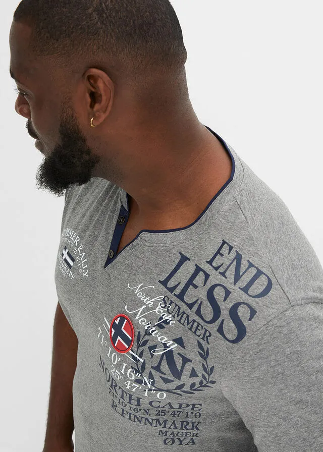 Camiseta de manga corta con cuello henley y estampado Gris jaspeado estampado