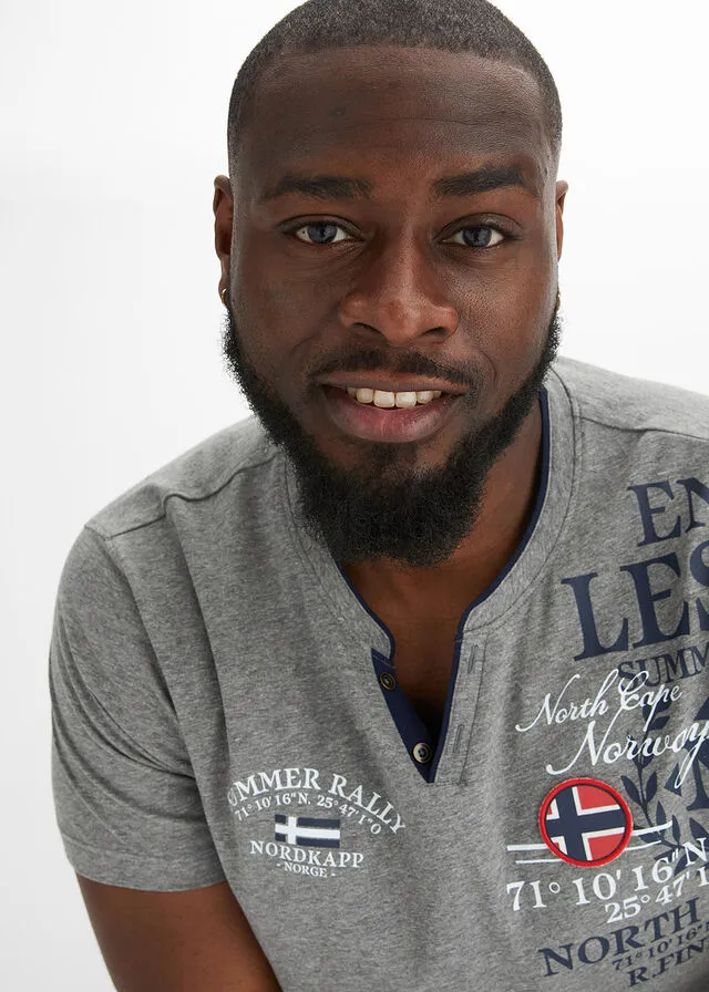 Camiseta de manga corta con cuello henley y estampado Gris jaspeado estampado