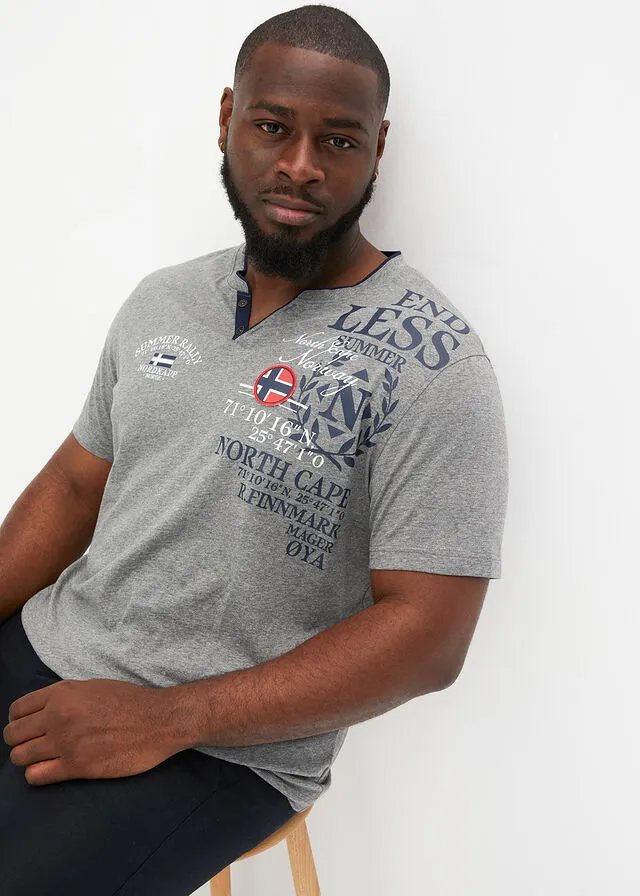 Camiseta de manga corta con cuello henley y estampado Gris jaspeado estampado