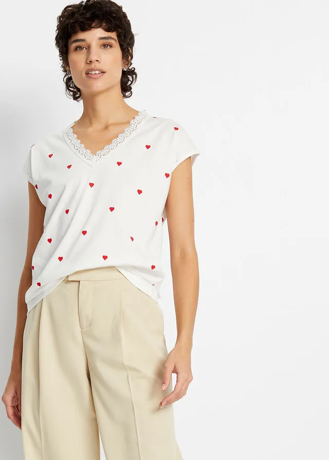 Camiseta estampada con encaje Blanco lana estampado
