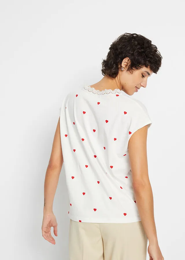 Camiseta estampada con encaje Blanco lana estampado