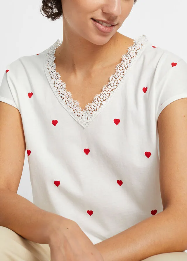 Camiseta estampada con encaje Blanco lana estampado
