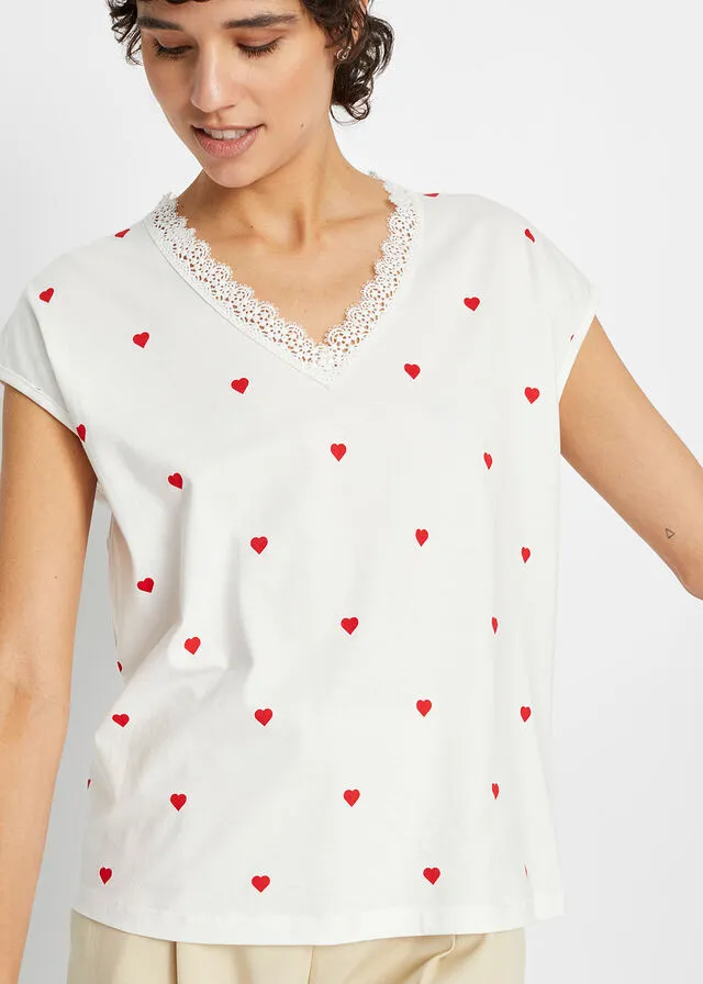 Camiseta estampada con encaje Blanco lana estampado