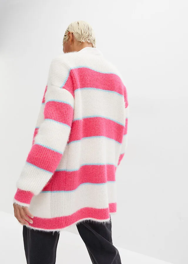 CHAQUETA DE PUNTO HOLGADA ROSABEIGECELESTE DE RAYAS HORIZONTALES