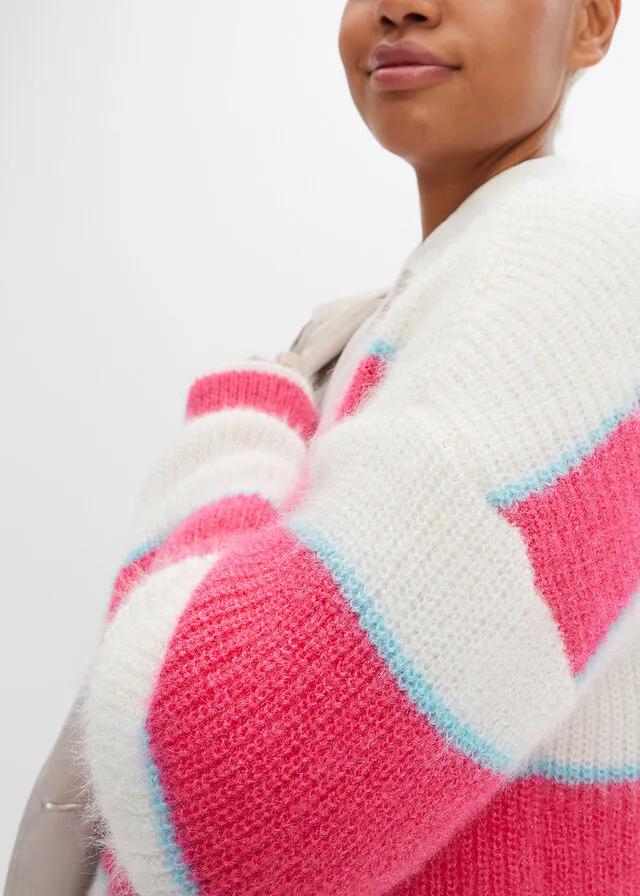 CHAQUETA DE PUNTO HOLGADA ROSABEIGECELESTE DE RAYAS HORIZONTALES