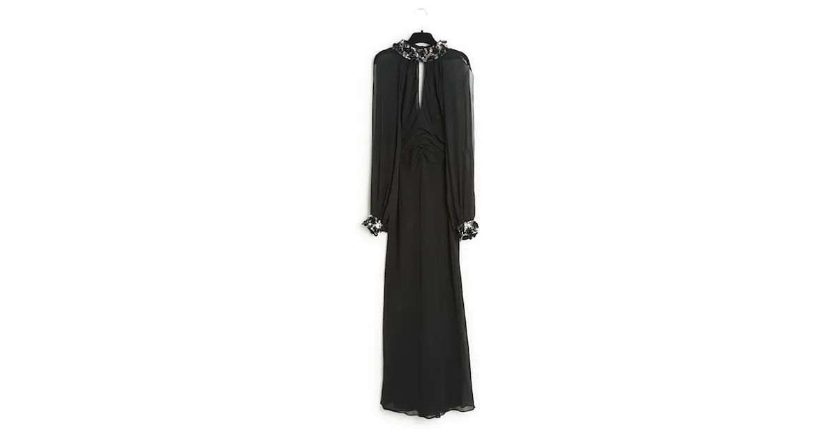 Jean Louis Scherrer Vestido largo de crepé de seda negro FR40 