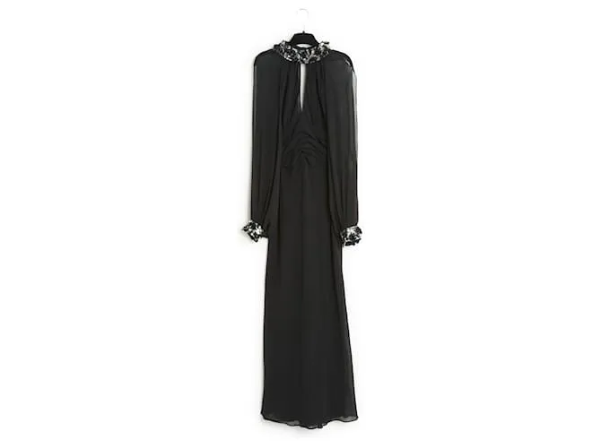 Jean Louis Scherrer Vestido largo de crepé de seda negro FR40 