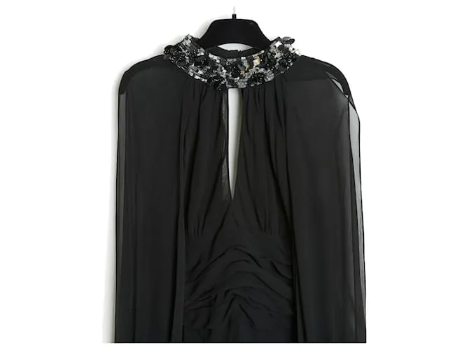 Jean Louis Scherrer Vestido largo de crepé de seda negro FR40 