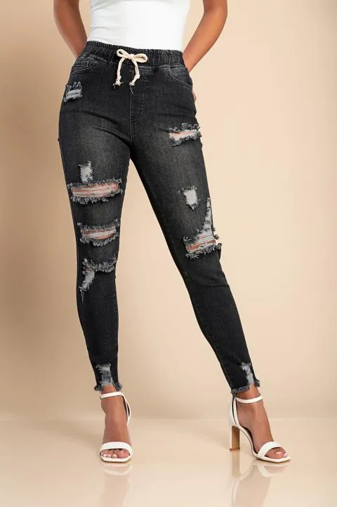Jeans ajustados con cintura alta y aberturas Stefana, negro