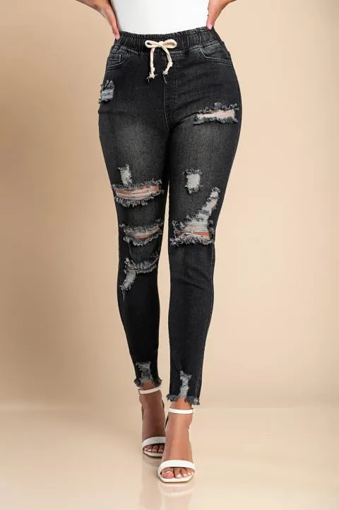 Jeans ajustados con cintura alta y aberturas Stefana, negro