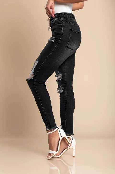 Jeans ajustados con cintura alta y aberturas Stefana, negro