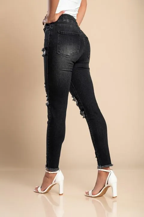 Jeans ajustados con cintura alta y aberturas Stefana, negro