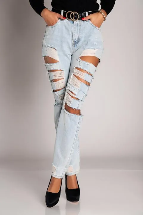 Jeans rectos con rotos grandes Venetina, azul claro
