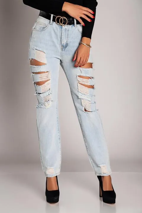 Jeans rectos con rotos grandes Venetina, azul claro