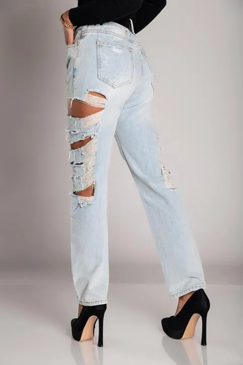 Jeans rectos con rotos grandes Venetina, azul claro