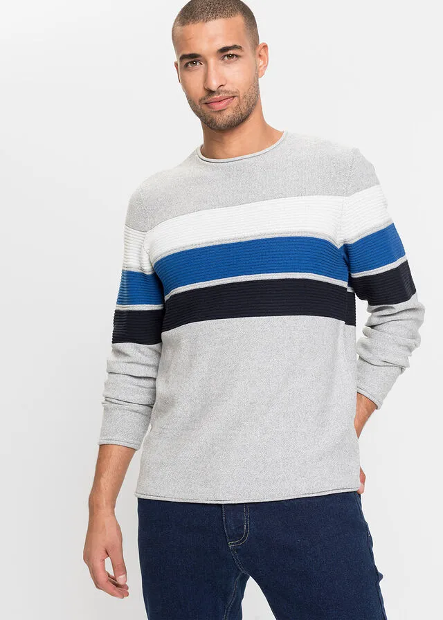 Jersey con algodón reciclado Gris jaspeado con rayas horizontales