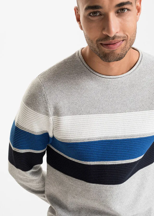 Jersey con algodón reciclado Gris jaspeado con rayas horizontales
