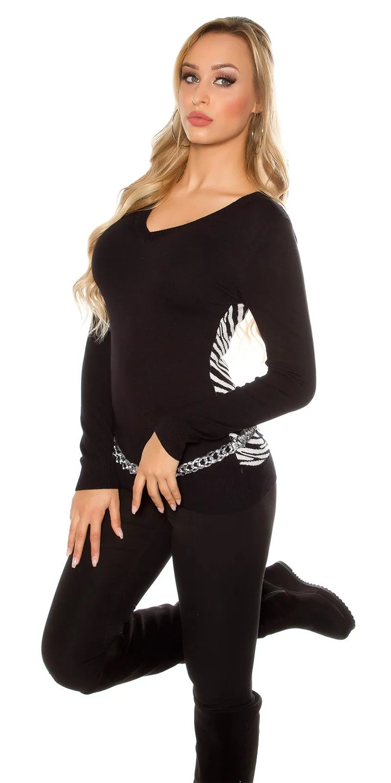 Jersey de punto fino cuello V negro