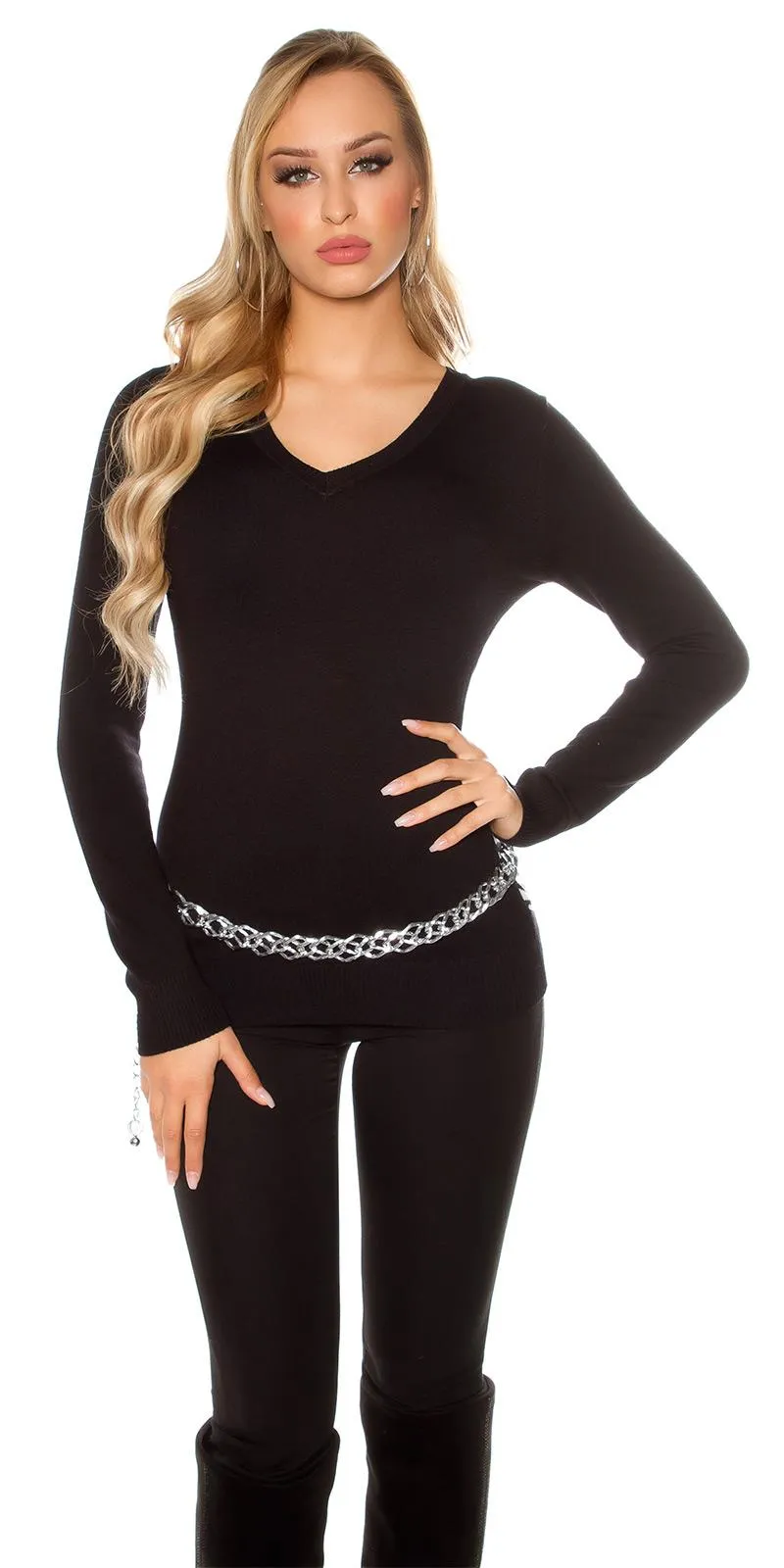 Jersey de punto fino cuello V negro