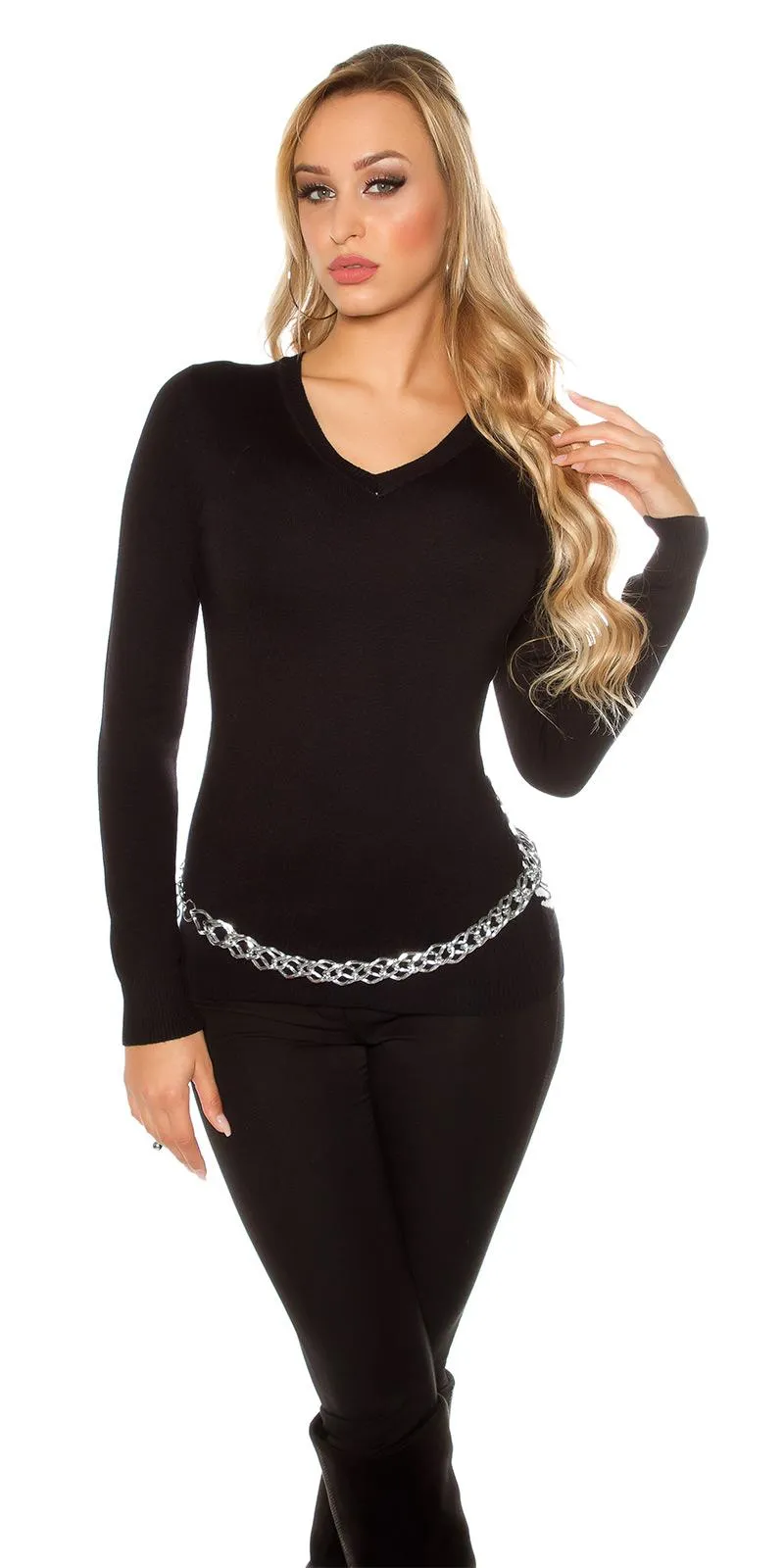 Jersey de punto fino cuello V negro