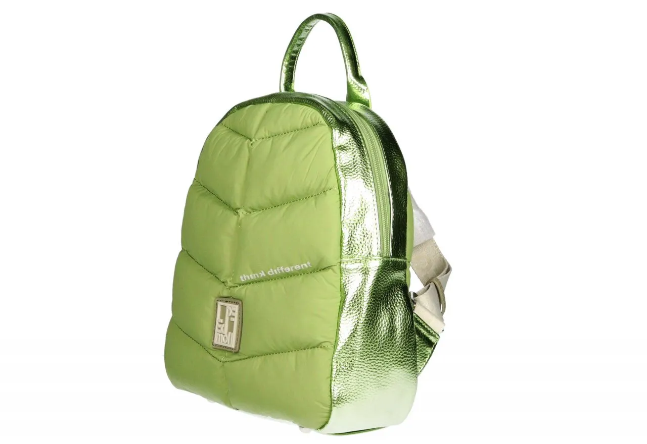 Mochila Nylon Verde Metalizado Acolchado Asas Beige