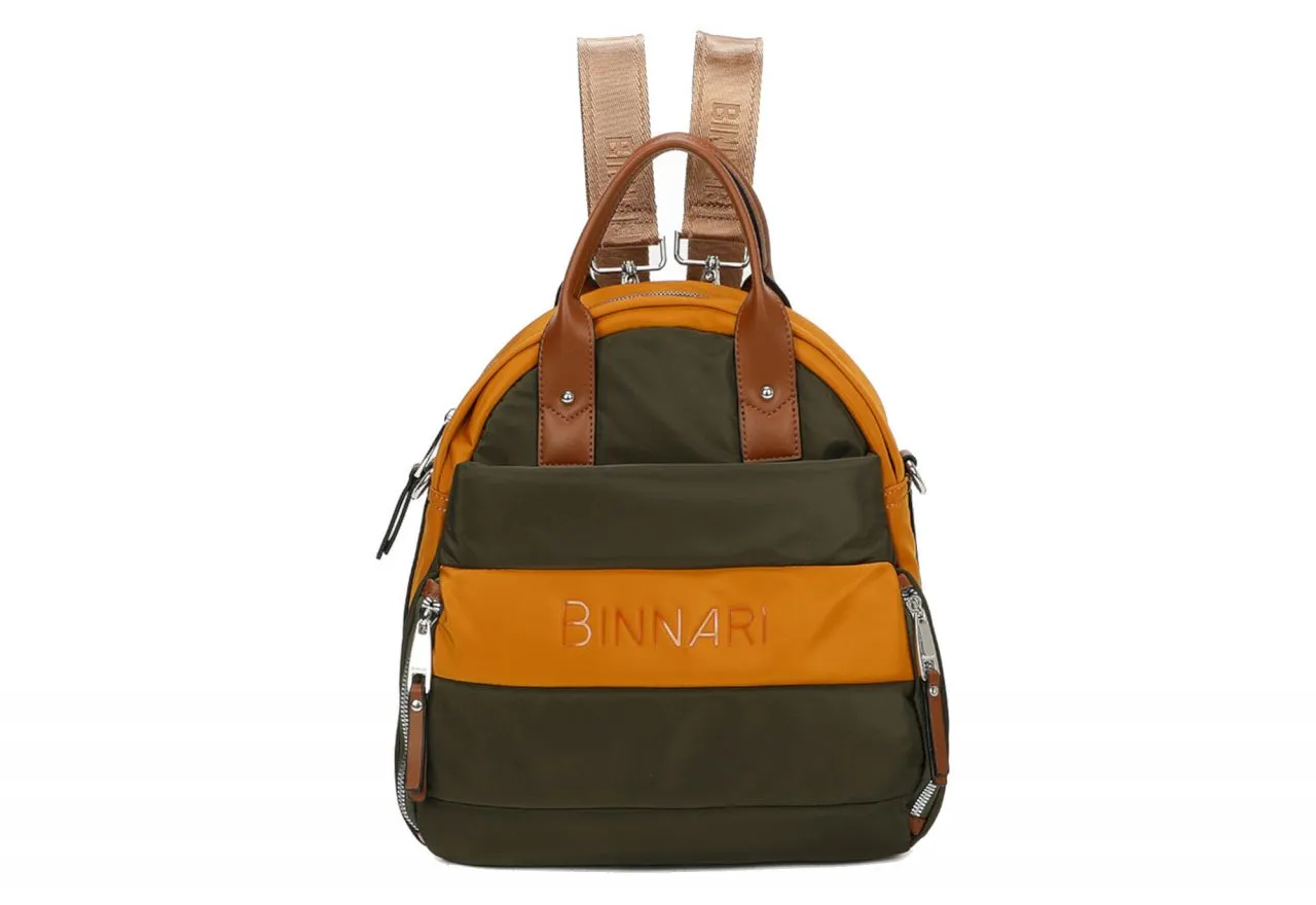 Mochila Texil Verde/ocre Bolsillos Asas Cuero Triple Posicion