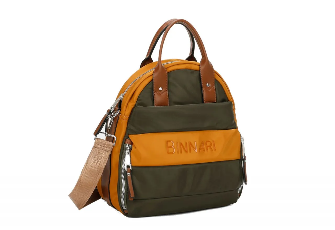 Mochila Texil Verde/ocre Bolsillos Asas Cuero Triple Posicion