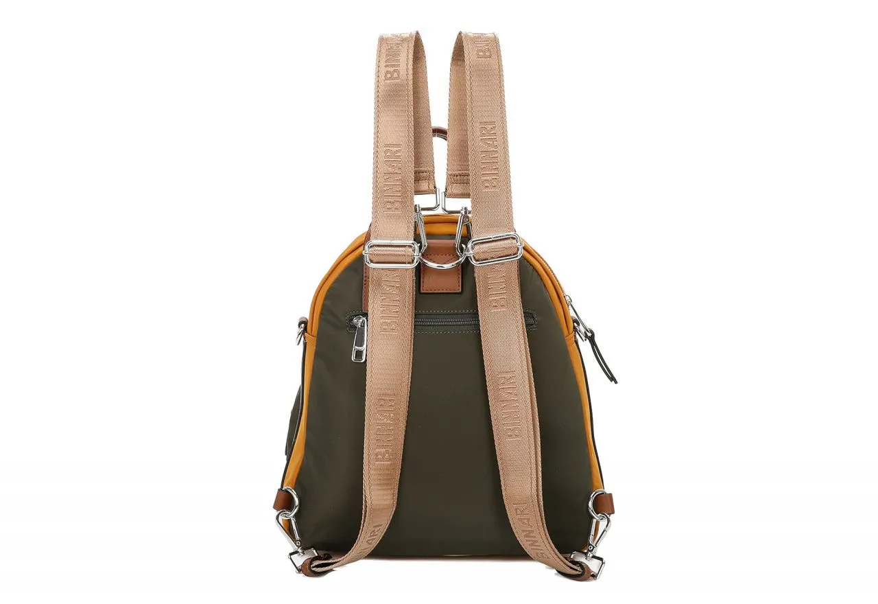 Mochila Texil Verde/ocre Bolsillos Asas Cuero Triple Posicion