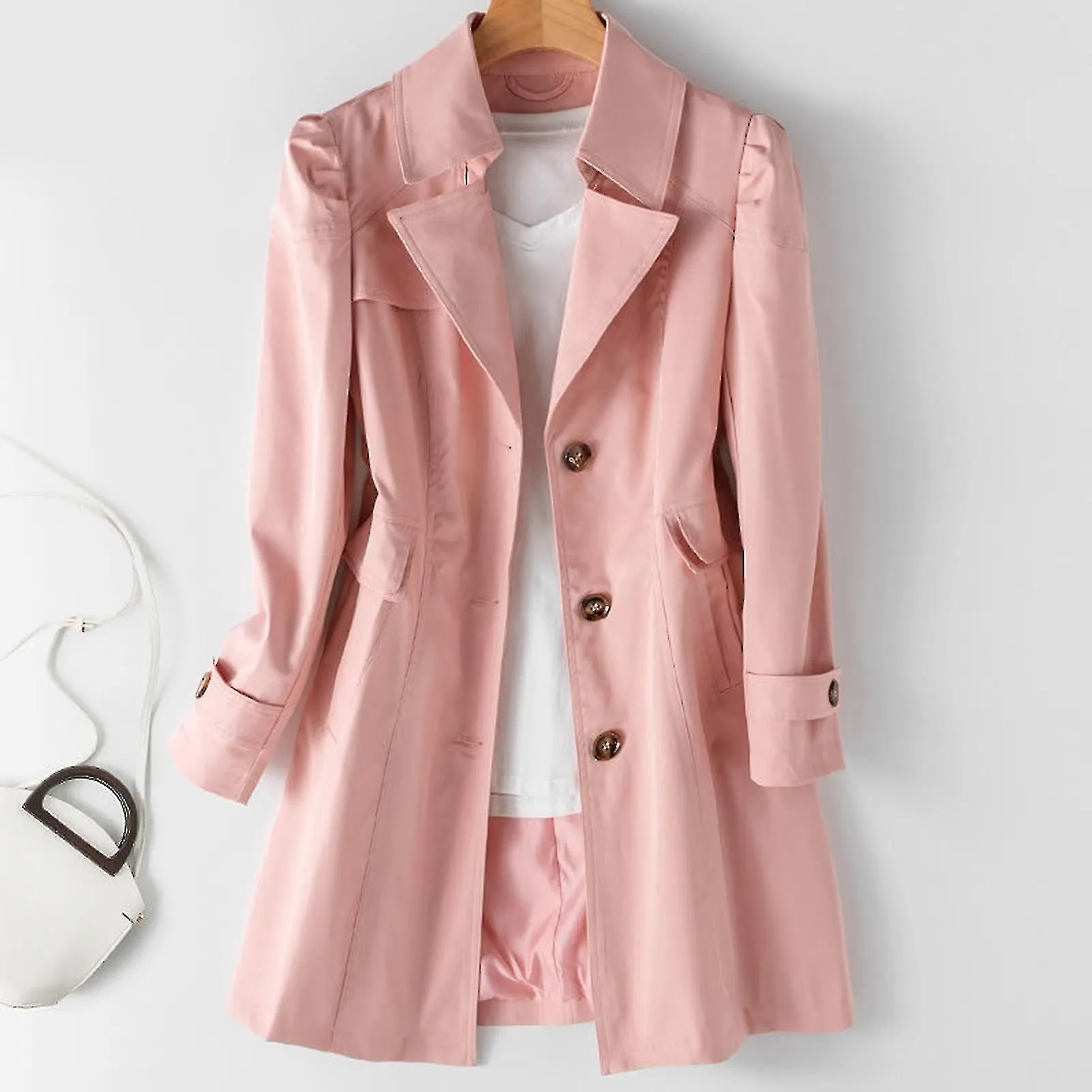 Moda Otoño Gabardina Soft Touch Solapa Hojaldre Abrigo para Mujeres Formal Fiesta Diaria Bola