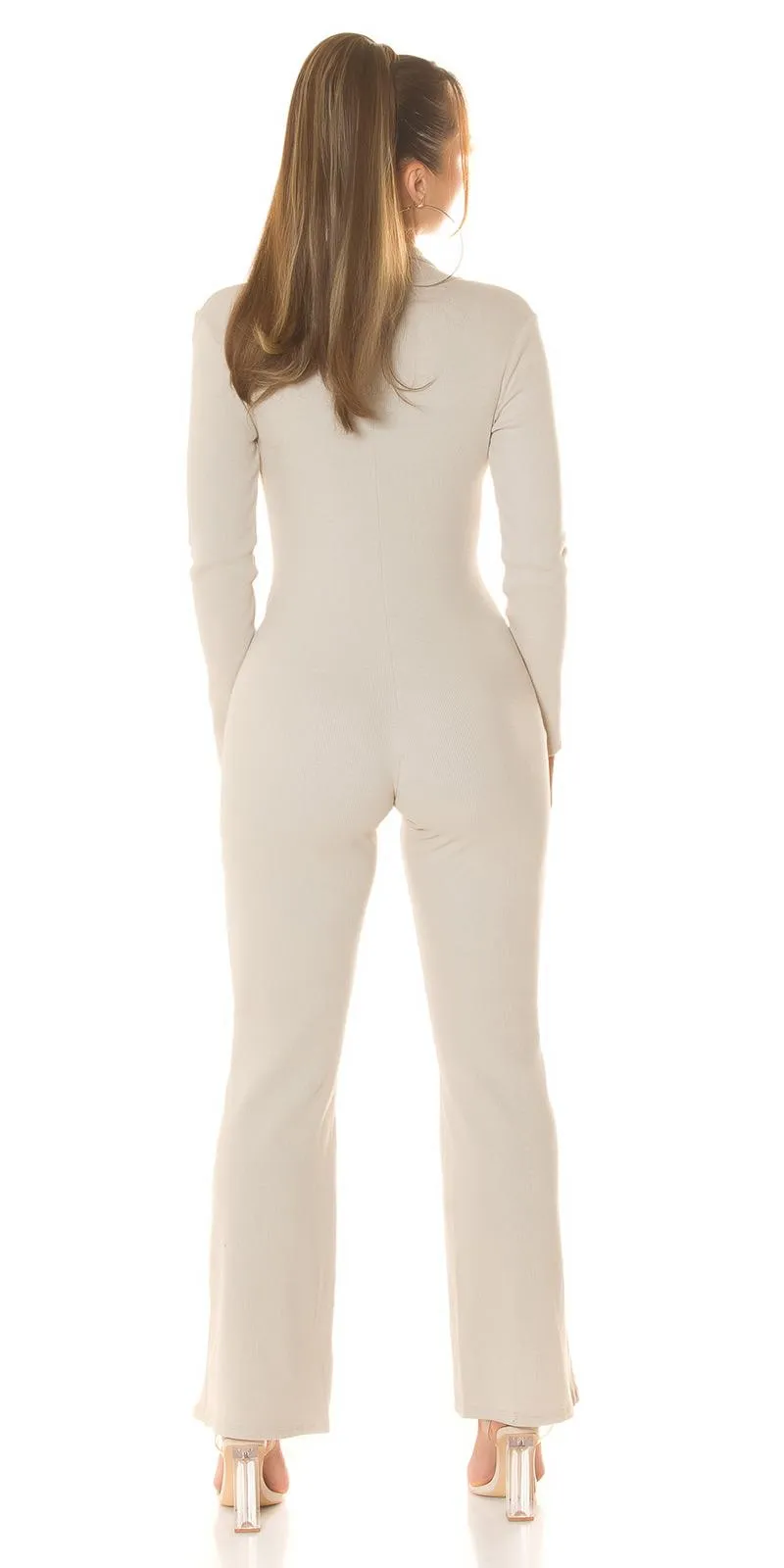 Mono de Canalé Beige Chic pierna ancha