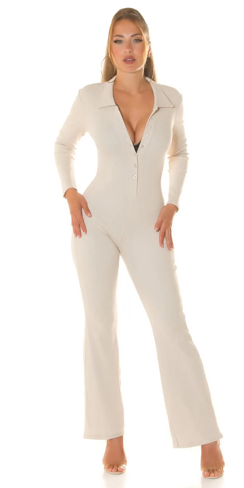 Mono de Canalé Beige Chic pierna ancha