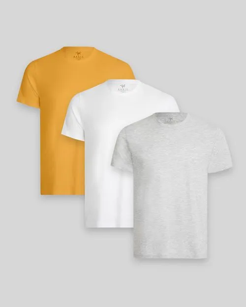 Pack de 3 polos Hombre Cuello Redondo Blanco / Gris Poly / Mostaza Golden