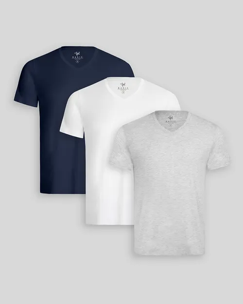 Pack de 3 polos Hombre Cuello V Blanco / Gris Poly / Azul Oxford